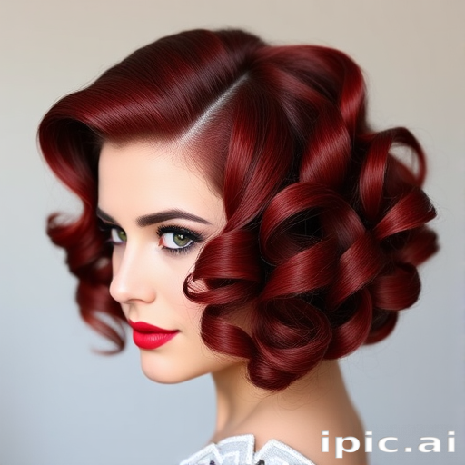Retro Pin-Up Victory Rolls styled in a rich cherry red hue with subtle black lowlights creating depth and dimension in perfectly sculpted vintage-inspired curls