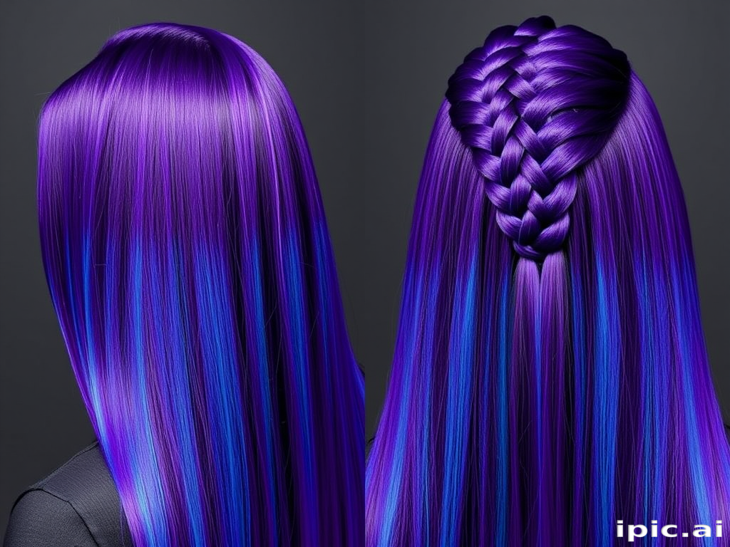 Deep purple hair with electric blue streaks forms the dramatic "Cosmic Fusion" look. The long, straight locks are styled with a glass-like finish, creating a sleek, futuristic appearance. A section of hair is braided tightly against the scalp in an intricate geometric pattern, adding texture and interest to this bold, otherworldly style.