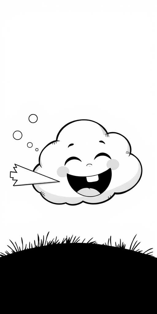 Create a whimsical illustration of a cartoon cloud character blowing air with a joyful expression, high contrast monochrome style, 50mm lens, f/4 aperture, ISO 100, soft natural lighting, eye-level view, digital illustration style.