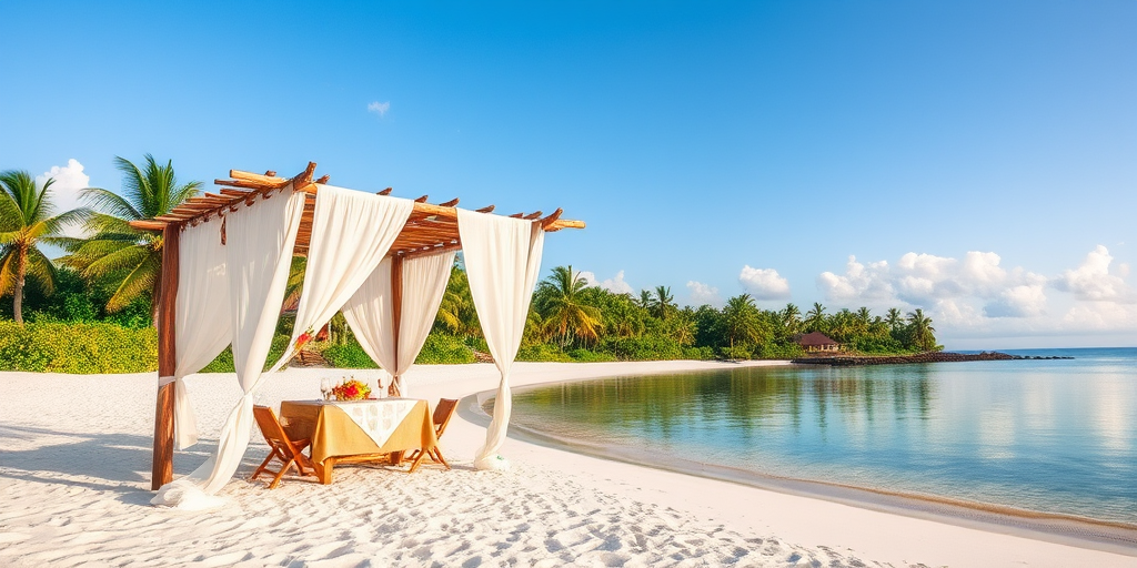 Create a picturesque tropical beach scene featuring a serene, white sandy shore. In the foreground, there's a rustic wooden canopy with white drapes gently flowing in the breeze. Underneath the canopy, a table is set with tropical decor, evoking a sense of relaxation and leisure. The beach extends into a calm, shallow water area with reflections of the sky and surroundings. Palm trees and lush greenery line the edge of the beach, providing a natural, tropical backdrop. The sky is clear with a few scattered clouds, and the overall atmosphere is tranquil and inviting, perfect for a peaceful retreat.