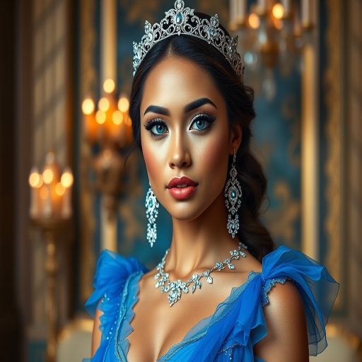 A gorgeous Pacific Islander woman in a luxurious blue gown, accessorized with a dazzling tiara and statement earrings, her deep blue eyes highlighted by impeccable makeup, poised in a royal setting, photorealistic, 8K quality