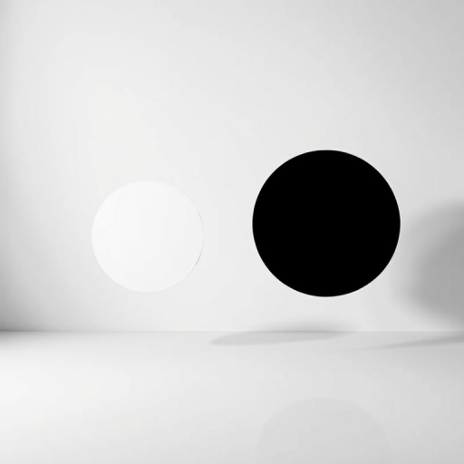 Generate a high-contrast black and white image of two abstract circles floating in a minimalist space, using a DSLR camera with a 50mm lens, f/1.8 aperture, ISO 100, shutter speed 1/100s, in a well-lit studio setting with soft diffused lighting.