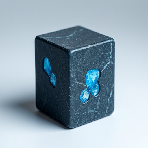 Create a high-resolution image of a stylized 3D cube with a textured surface, featuring blue crystals embedded within a dark stone-like material, soft diffused lighting, viewed from a slight angle above, using a DSLR camera with a 50mm lens, aperture set to f/2.8 for shallow depth of field and ISO 100 for clarity.