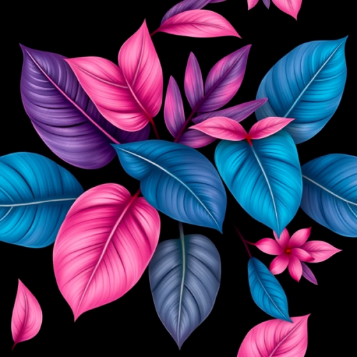 tropical plant pattern with vibrant pink and blue leaves on a black background, 50mm lens, f/2.8 aperture, ISO 100, top-down view, digital art style, high-resolution quality