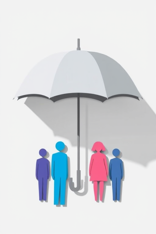 Create a vector graphic illustration of a large gray umbrella covering five stylized human figures in blue and pink, with soft shadows and clean lines, captured with a Canon EOS R5 at f/8, ISO 100, with a 35mm lens in a flat lay style.
