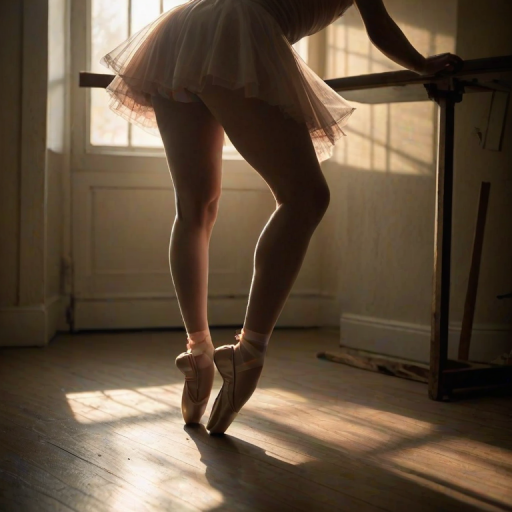 Softly lit image of a ballerina tying her pointe shoes in a dimly lit studio, soft light from a nearby window casting long shadows on the worn wooden floor, with faint reflections visible in the studio mirrors.