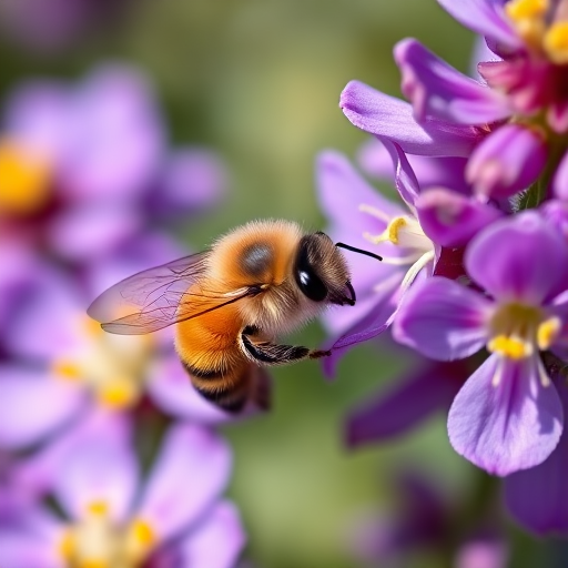 Close-up of a bee collecting pollen from vibrant purple flowers, shallow depth of field, f/2.8 aperture, 1/500 shutter speed, ISO 200, macro lens, natural sunlight.