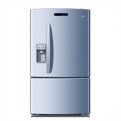 Create a highly detailed illustration of a modern refrigerator, shot with a DSLR camera at f/2.8 aperture, 50mm lens, ISO 100, natural lighting, from a slightly elevated angle, showcasing its sleek design and texture.