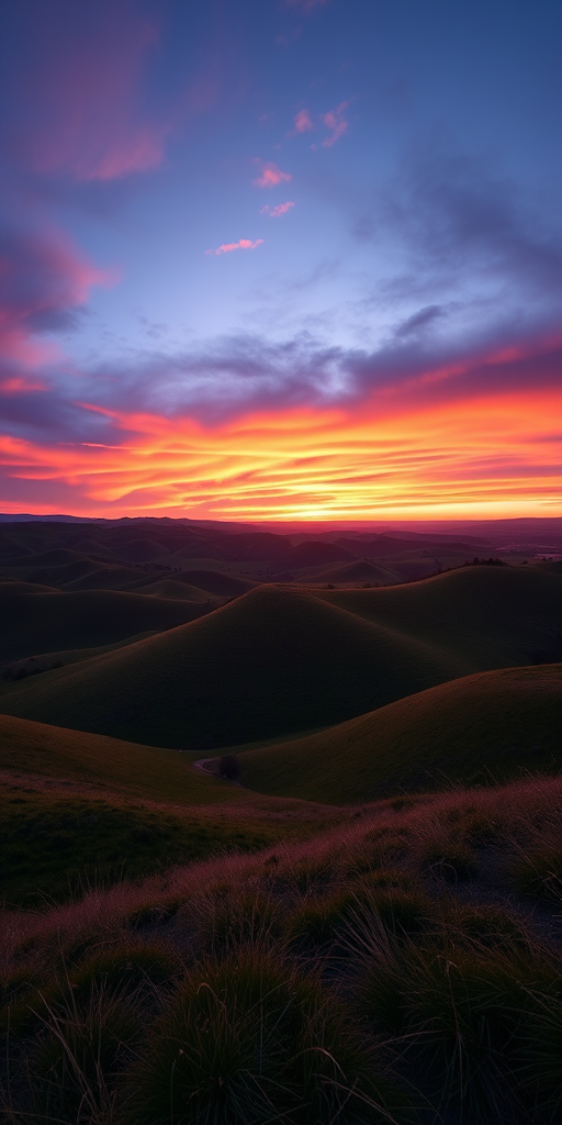 Generate an image of a serene landscape featuring rolling hills and a vibrant sunset with deep oranges and purples in the sky, using a Canon EOS R5 camera with a 24-70mm f/2.8 lens, aperture set to f/8, ISO 100, shutter speed 1/250 sec, shot from a low angle to capture depth and enhance details.