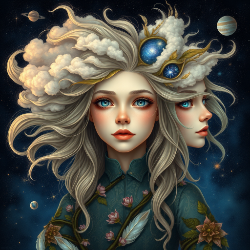 Create a series of imaginative portraits where each subject is infused with elements of fantasy and nature. The hair of the individuals should flow like clouds, varying from soft, fluffy cumulus to wispy cirrus strands, with hints of color reflecting a sunset or a clear blue sky. The eyes should be windows to entire galaxies, with stars, nebulae, and distant planets visible within them. Clothing should be adorned with nature motifs, such as floral patterns that bloom and change, vines that seem to grow and wrap around, or feathers that shimmer with iridescence. Each portrait should capture a unique personality, blending human features with the ethereal beauty of the natural and cosmic world. The backgrounds can vary, from starry night skies to enchanted forests, adding depth and context to the magical realism of the portraits