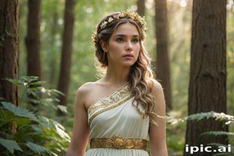 Create a portrait of a goddess-like female figure in a tranquil, forested environment. She has an elegant appearance with long, wavy hair styled in an updo and adorned with a delicate, floral headband. She wears a flowing, ancient Greek-inspired gown in a soft, pale color, featuring a one-shoulder design and draped fabric that accentuates her graceful form. The outfit includes a decorative belt with ornate gold detailing, and she holds a bow in her hand, with a quiver of arrows slung over her shoulder. The background depicts lush greenery, with sunlight filtering through the trees, casting a gentle, ethereal light on the scene. Her expression is calm and contemplative, embodying a sense of wisdom and serenity.