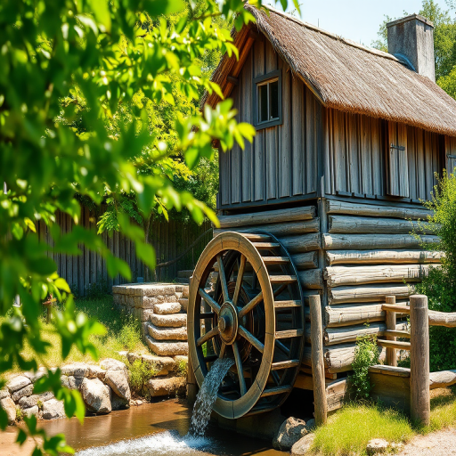 Generate an image of a traditional wooden water mill with a thatched roof, surrounded by lush green foliage and a wooden fence, captured in bright daylight; camera settings: aperture f/8, ISO 100, shutter speed 1/250; camera view: slightly angled to highlight the water wheel, camera style: vivid colors and sharp details; camera type: DSLR.