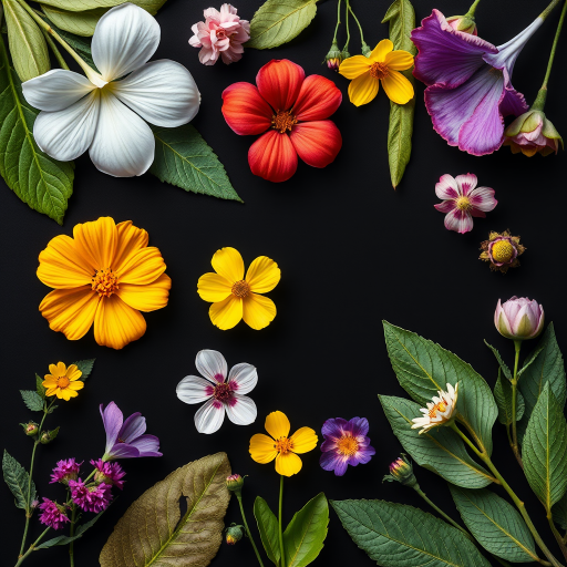 Create a colorful floral illustration with various flowers and leaves on a solid black background using a Canon EOS R5 with a 50mm f/1.2 lens, aperture set to f/2.8, ISO 100, and shot from a top-down view to enhance image quality and detail.