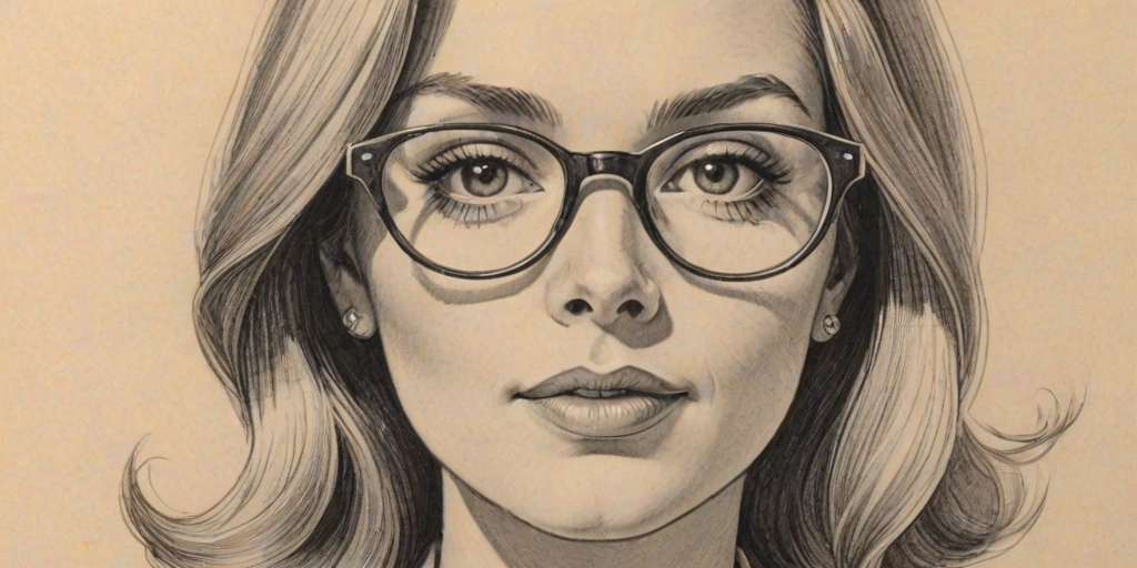 Attractive Malin 'kerman, pencil sketch, portrait of Dazzling woman 1960s in glasses, hair style beatnik, outline, clear lines, fine lines, 8k