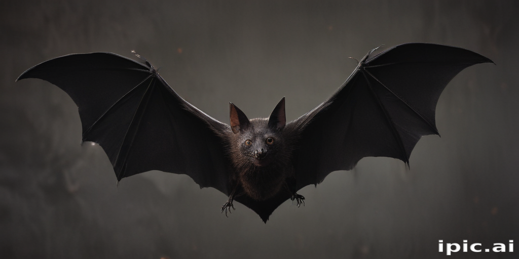 A Majestic Bat in Flight with Outstretched Wings Against a Dark Background.