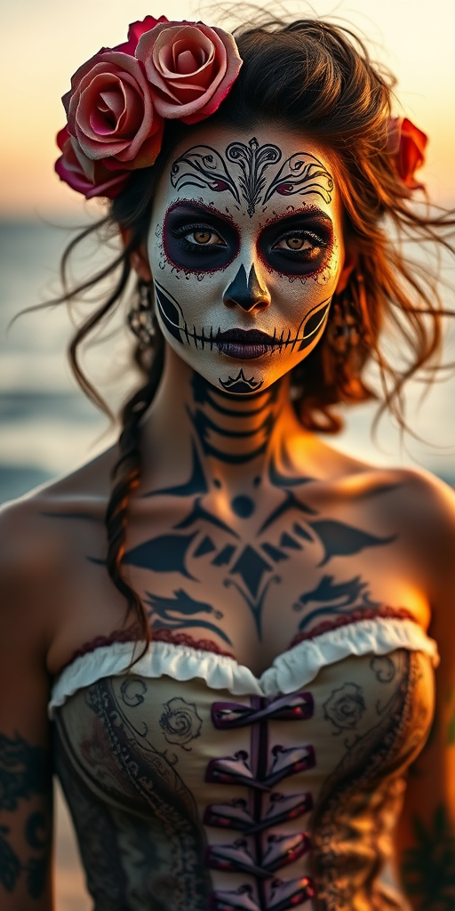 portrait of a woman with elaborate sugar skull makeup, wearing a corseted dress with roses in her hair, tattoos visible, soft ocean background, golden hour lighting, aperture f/2.8, shutter speed 1/200s, ISO 100, 85mm lens, shallow depth of field, high-resolution detail