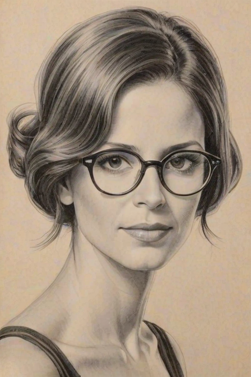 Alluring Andrea Savage, pencil sketch, portrait of Fascinating woman 1925s in glasses, hair style beatnik, outline, clear lines, fine lines, 8k