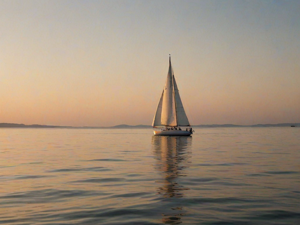 Sharp, high-resolution photo of a sailboat gliding through calm waters at sunset, the golden light reflecting off the ocean surface, distant islands barely visible on the horizon, a soft breeze filling the sails, a sense of peace and serenity captured.