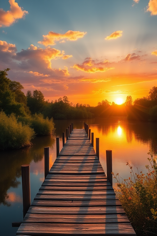 Create a vibrant digital illustration of a serene landscape at sunset featuring a wooden pier extending into a calm river surrounded by lush foliage, with warm golden and orange hues in the sky, using a DSLR camera, f/8 aperture, 1/125s shutter speed, ISO 100, wide-angle lens, and a soft focus background to enhance image quality.