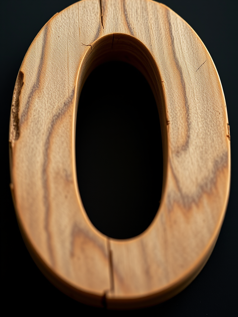 Close-up of a large wooden number zero with a rustic texture on a solid black background, shot with a Canon EOS R5, ISO 100, f/4, 1/100 sec, natural lighting, macro view, focus on texture details.