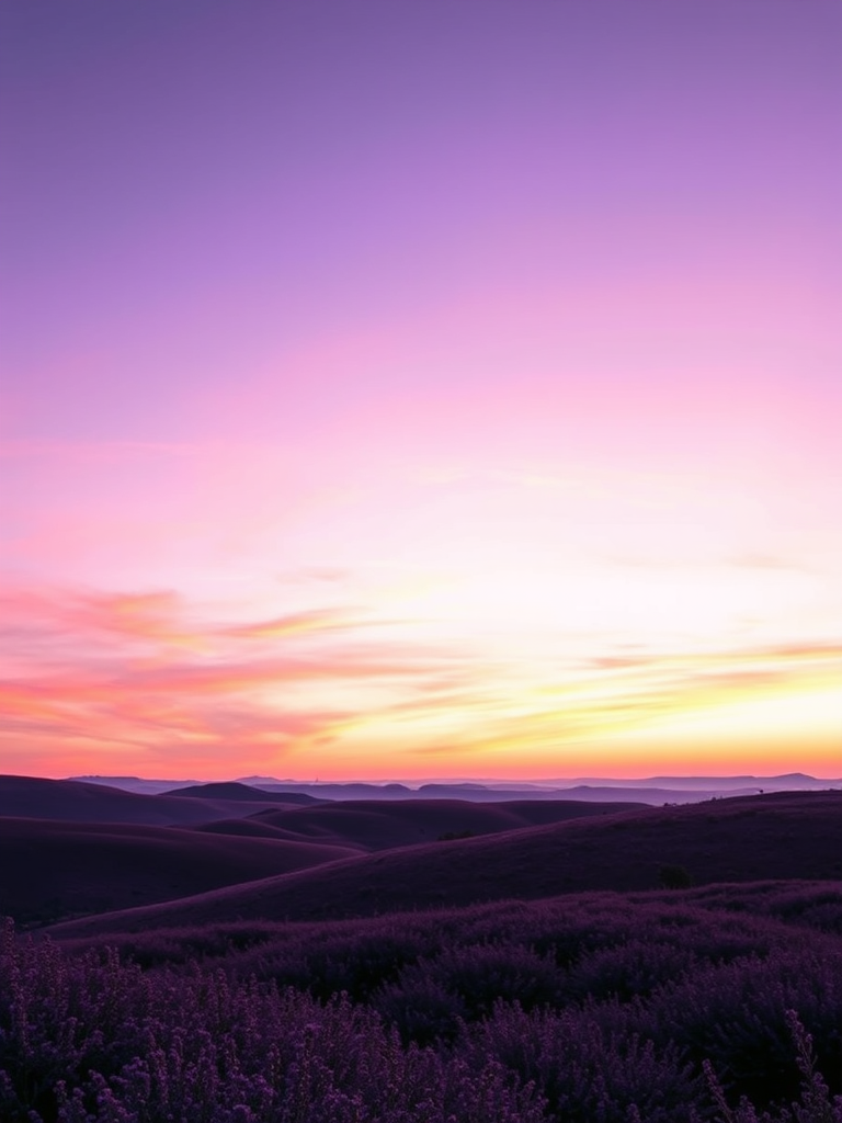 Create a serene landscape with rolling purple hills under a soft sunset sky, captured with a DSLR camera at f/8, ISO 100, 1/125 sec, using a wide-angle lens for an expansive view and a soft focus effect.
