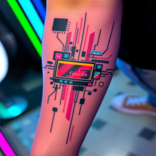 Glitch art tattoo titled "Digital Distortion" incorporating pixelated elements and fragmented imagery to create the illusion of a computer glitch on the skin, with neon colors and abstract patterns adding to the futuristic aesthetic