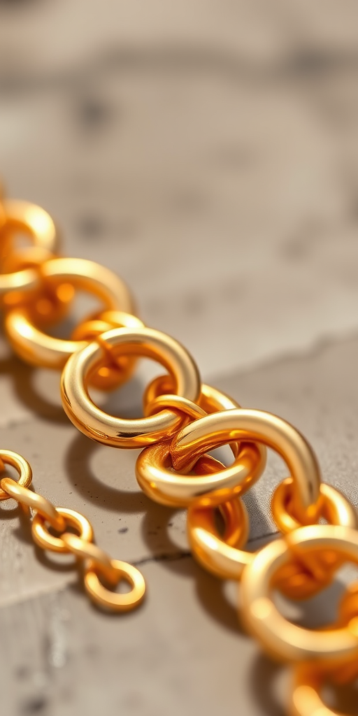 create a high-resolution image of a golden chain with intertwined links, using a DSLR camera at f/2.8, ISO 100, 50mm lens, shot in natural light with a shallow depth of field to enhance detail and focus on the texture of the gold.