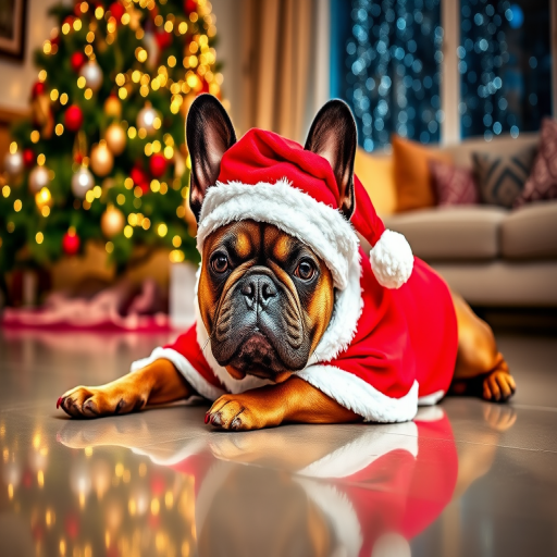 Generate an image of a French Bulldog wearing a festive Santa outfit, lying flat on a shiny floor. The background features a beautifully decorated Christmas tree with twinkling lights, and a cozy living room setting with soft furnishings. The dog's expression should be adorable and relaxed, capturing a playful holiday spirit.