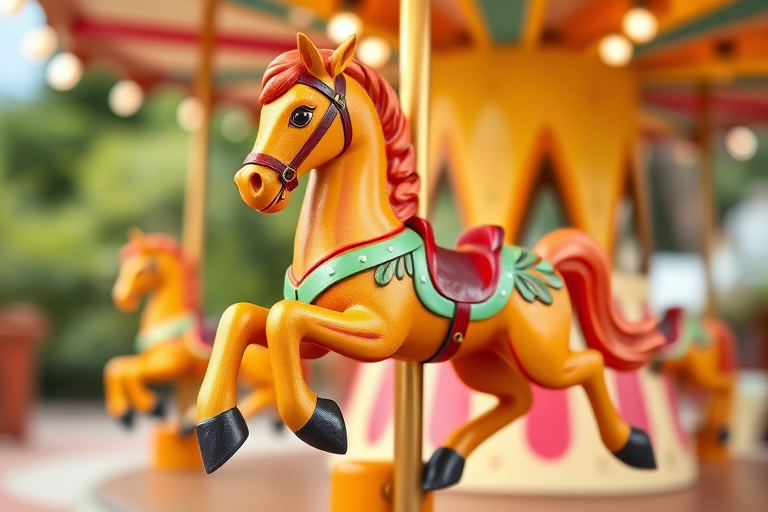 Create a detailed illustration of a brightly colored wooden carousel horse in a lively pose, using a DSLR camera with a 50mm lens, aperture set to f/1.8, ISO 100, and a shallow depth of field for a blurred background effect.