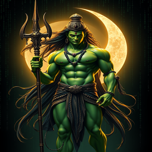 Create a high-resolution digital artwork of a muscular green-skinned deity with long flowing hair and a trident, standing against a glowing crescent moon in a matrix-like backdrop, captured with a DSLR camera at f/2.8, ISO 100, 50mm lens, with soft focus and high contrast lighting to enhance depth and vibrancy.