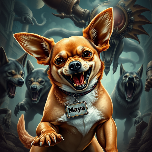 "Create a highly detailed and realistic image of a short-haired Chihuahua named Maya in an extremely fierce and enraged warrior pose. She is battling a pack of wolves and an alien creature, fighting for her life and the life of her owner. The Chihuahua should have a wild and aggressive appearance, with bared teeth and fierce eyes, showcasing her determination despite the overwhelming odds. She should have a distinct white patch on her chest, while the rest of her fur should be brown. A large tag with the name 'Maya' should be prominently displayed around her neck. The background should feature a sci-fi and steampunk style, filled with futuristic mechanical elements and Victorian technology, blending an urban landscape with fantastical details such as gears and steam."