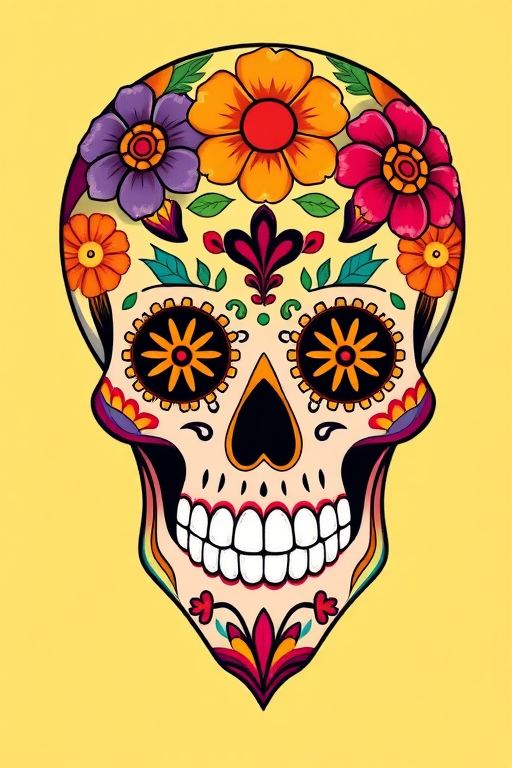 Create a vibrant digital illustration of a sugar skull featuring colorful floral designs with a flat background, using a high-resolution format, taken with a DSLR camera at f/8 aperture, 50mm lens, and natural lighting for enhanced clarity and color depth.