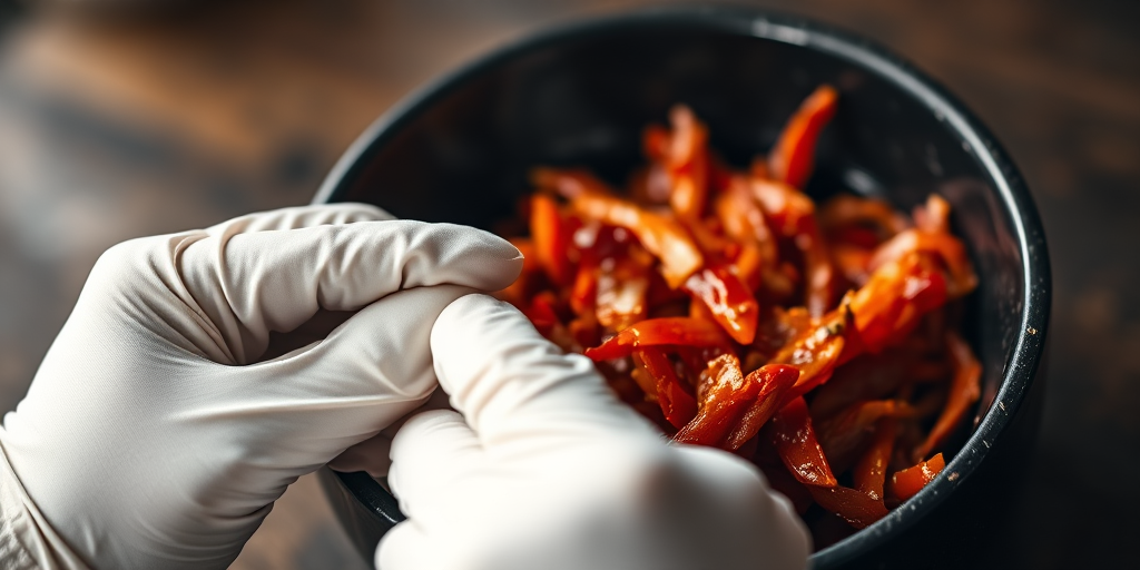 Capture a close-up of hands in white gloves pulling apart vibrant red kimchi in a dark bowl, using a Canon EOS R5 with a 50mm f/1.8 lens at f/2.8, ISO 100, shutter speed 1/250s, natural light, shallow depth of field for enhanced detail and texture.