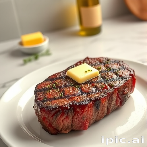 Create an image of a perfectly seared ribeye steak, resting on a white plate with a pat of melting butter on top. The steak is seasoned with fresh herbs like thyme and parsley, with glistening juices highlighting the texture of the meat. The background features a soft focus on a light, marble countertop, with a small dish of butter and an olive oil bottle in the distance. The overall mood should be warm and inviting, capturing the deliciousness and juiciness of the steak.