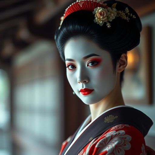 portrait of a geisha in traditional attire, soft lighting, 85mm lens, aperture f/1.8, ISO 100, shallow depth of field, DSLR camera, natural light