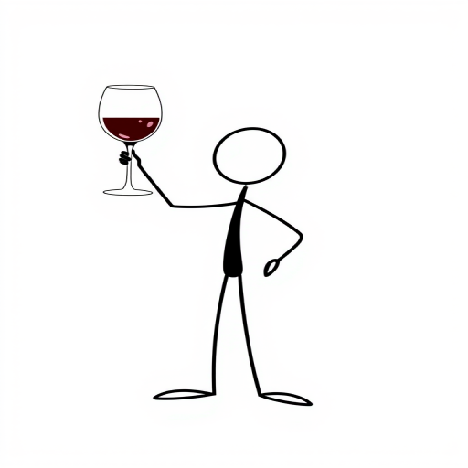 Create a high-resolution vector illustration of a stick figure holding a wine glass in a celebratory pose, using a 50mm lens at f/2.8, ISO 100, with soft diffused lighting and a minimalistic background to enhance contrast and clarity.