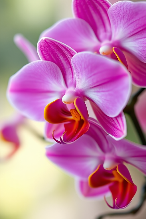 Close-up shot of vibrant orchids with a soft-focus background, aperture f/2.8, ISO 100, shutter speed 1/200 sec, 50mm lens, natural light, macro photography.