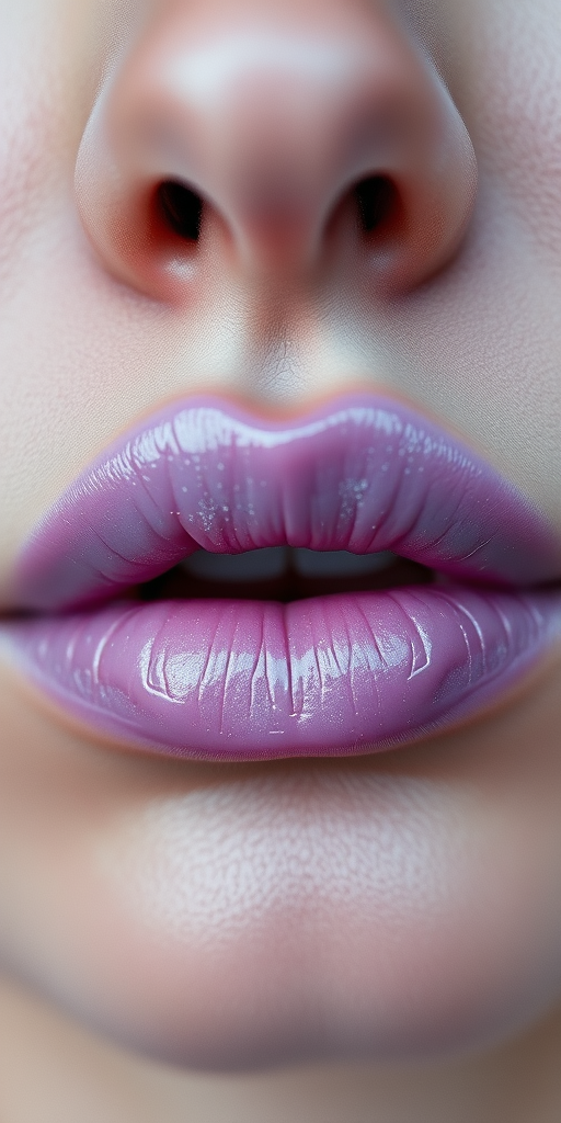 Ethereal woman lips adorned with a frosted lilac lipstick, cool-toned and ethereal, slightly shimmering, evoking a dreamy and otherworldly aesthetic