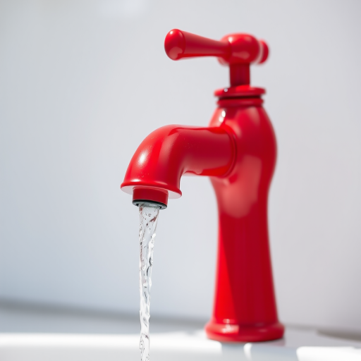 Create a high-resolution image of a red faucet with a detailed view, using a 50mm lens at f/2.8, ISO 100, and a shutter speed of 1/250s, shot in natural light against a simple background for clarity, focusing on the texture and design of the faucet.