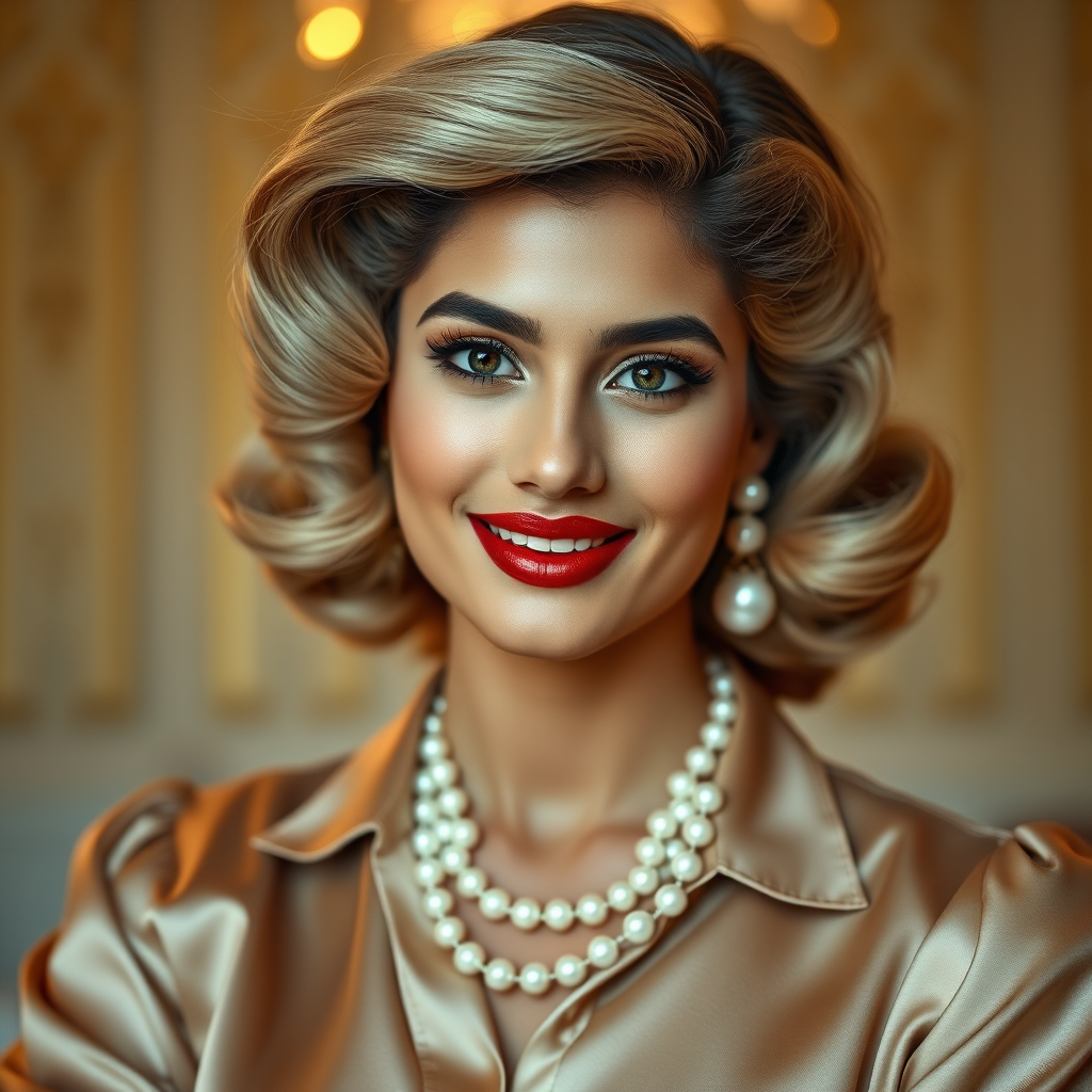 A beautiful Pakistani woman reminiscent of 1950s Hollywood glamour, with perfectly styled blonde hair and a seductive smile, dressed in a satin blouse and adorned with pearls, soft and warm tones, photorealistic, 8K