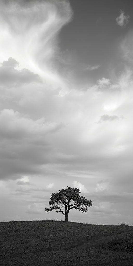 Regenerate a black and white image of a solitary tree on a horizon under a dynamic sky with clouds, captured with a Canon EOS R5 at f/8, ISO 100, 1/200s, using a wide-angle lens for an expansive view and a low angle perspective to emphasize the tree against the sky.