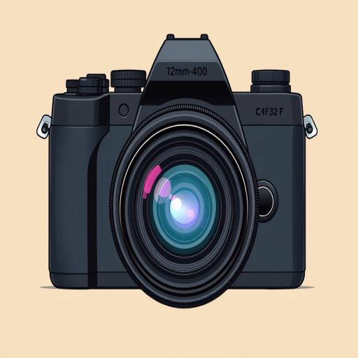 Create a high-resolution vector illustration of a modern camera with a 12mm-40mm lens, featuring a sleek black design, centered on a minimalist beige background, shot from a head-on view using a DSLR camera style, with an aperture of f/2.8 to enhance focus depth and clarity.