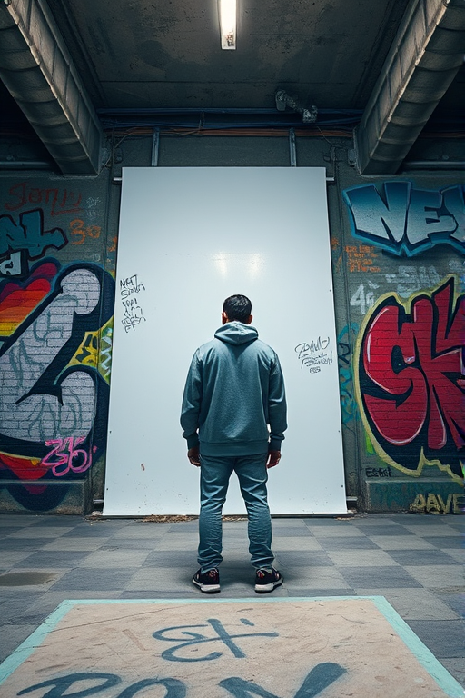 Capture a graffiti artist standing in front of a blank wall in an underground setting surrounded by colorful murals, using a Canon EOS R5, 24mm lens, aperture f/2.8, ISO 800, shutter speed 1/60s, with a low-angle shot to emphasize the depth of the art and the atmosphere of the space.