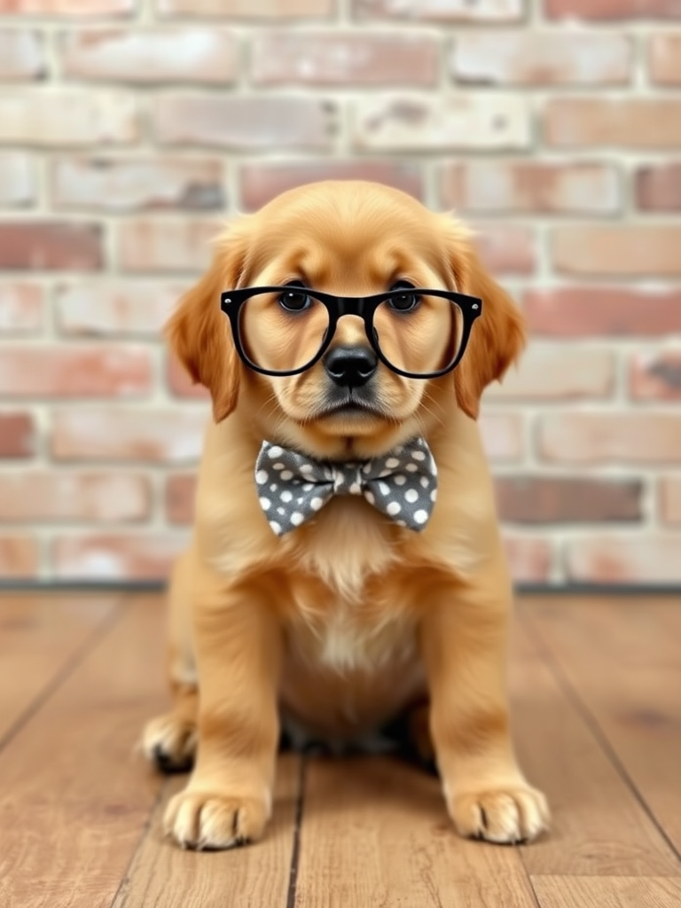 A golden retriever puppy wearing large glasses and a bow tie sitting in front of a brick wall with a wooden floor.