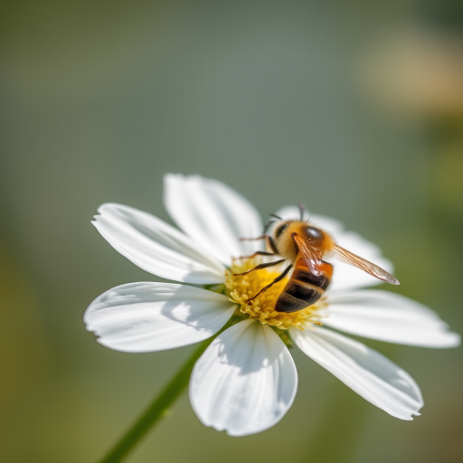macro photograph of a bee on a white flower with detailed focus, 100mm lens, f/2.8 aperture, ISO 200, natural lighting, shallow depth of field, capture with a DSLR camera