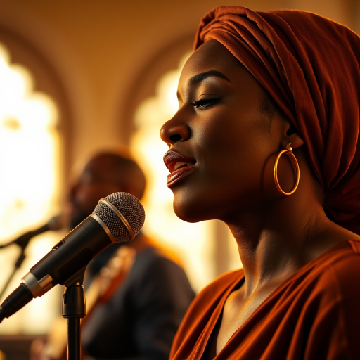 A close-up portrait of a Black woman with her eyes closed, singing into a microphone, positioned on the right side of the frame, facing the viewer. She is wearing a brown headscarf, gold earrings, and a brown blouse, and is bathed in warm, golden light emanating from the windows behind her. A blurred figure of a man singing into a microphone is visible in the background. The scene has a sense of calm and spirituality.