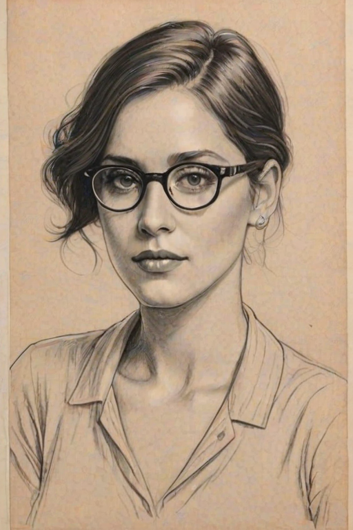 Magnificent Amy Jo Johnson, pencil sketch, portrait of Sublime woman 1927s in glasses, hair style beatnik, outline, clear lines, fine lines, 8k