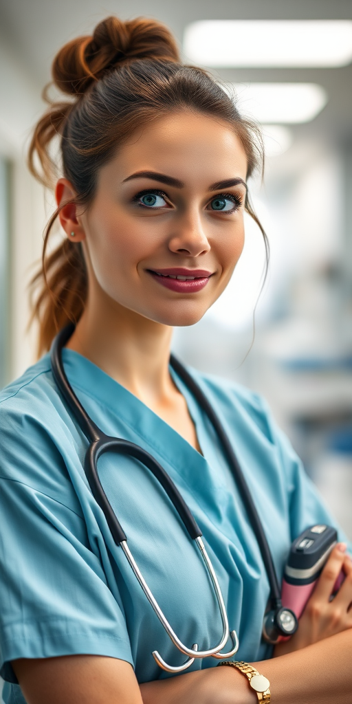 Create a portrait of a female medical professional in a hospital setting, captured with a Canon EOS R5 at 50mm f/1.8, ISO 100, 1/125s, with soft, diffused lighting and a shallow depth of field for a blurred background effect.