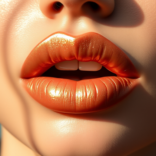 Shimmering nude lips with golden undertones, reflecting light and creating a luxurious glow, enhancing natural beauty with understated elegance