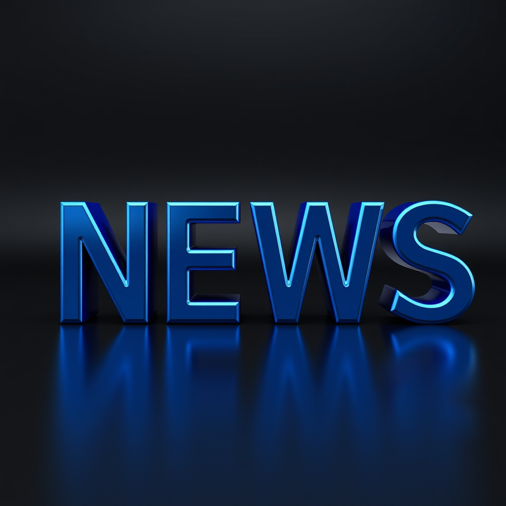 Create a three-dimensional graphic featuring the word "NEWS" in bold, reflective blue letters with a stylized left-pointing arrow, set against a smooth black background, use a Canon EOS R5 camera with a 24-70mm f/2.8 lens, aperture set to f/8, ISO 100, shooting in a low-angle view to emphasize the reflection on the surface.